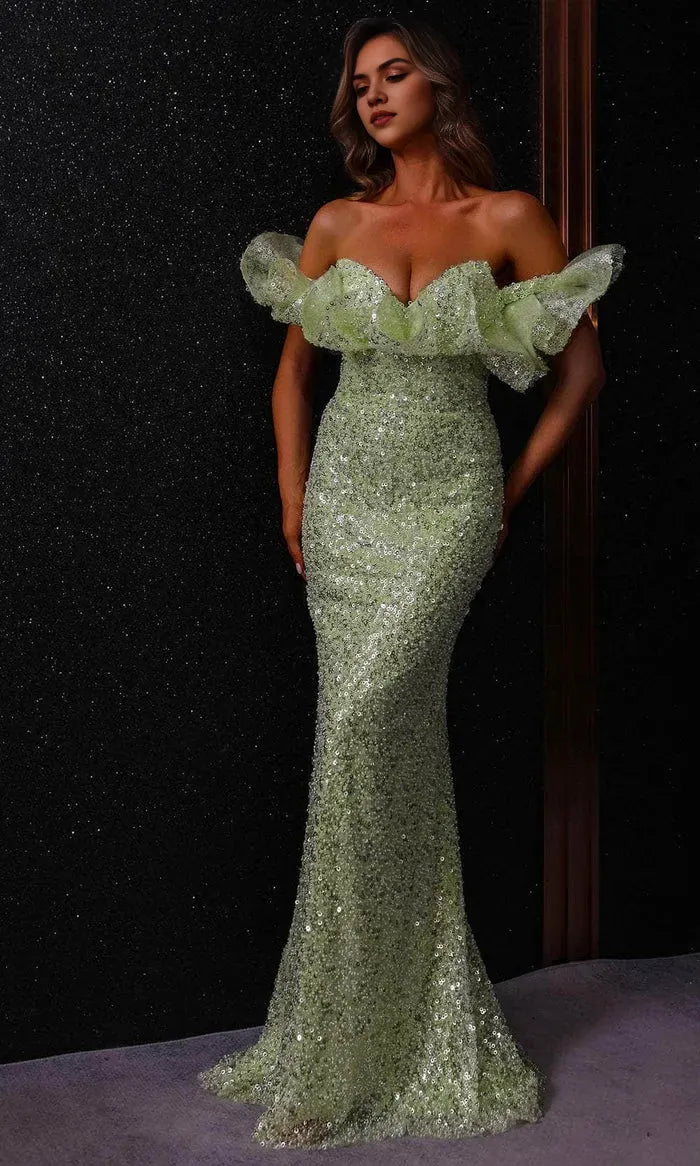 Green Off - Shoulder Ruffled Mermaid Gown in Light Perfect for Luxury Foreign Trade Balls and Evening Galas