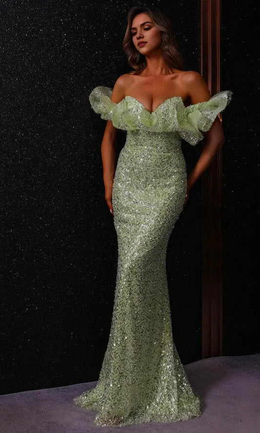 Luxurious Green Ruffled Mermaid Classic-Neck Classic-Sleeve Classic-Back Floor-Length Prom Dress