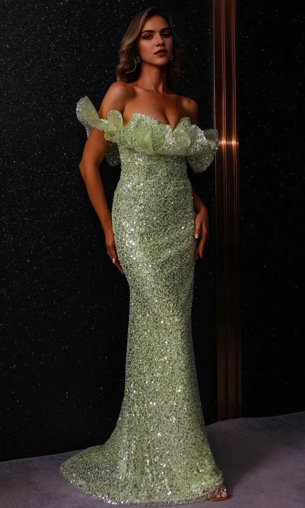 Green Off - Shoulder Ruffled Mermaid Gown in Light Perfect for Luxury Foreign Trade Balls and Evening Galas