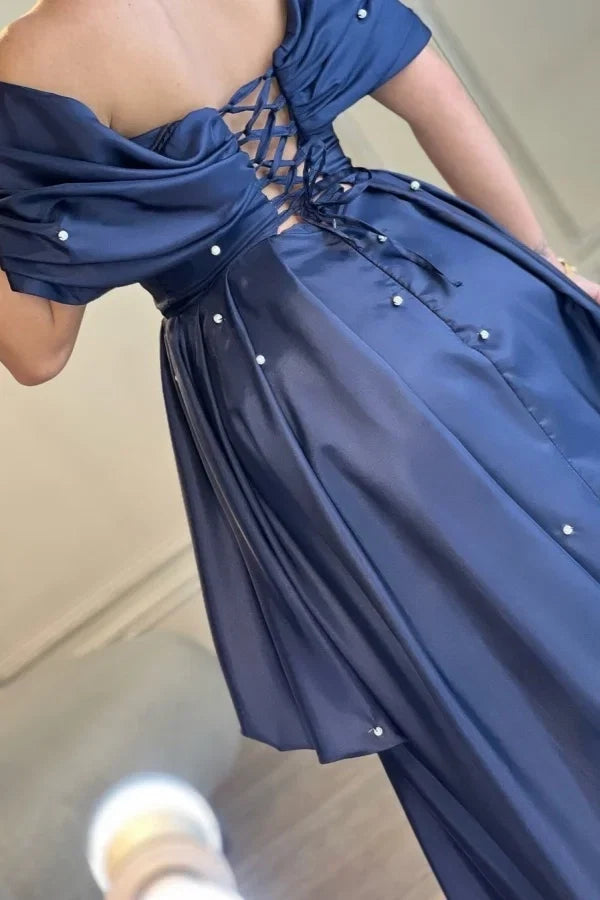 Navy Off-Shoulder Short Sleeve Pearl Train Party Dress
