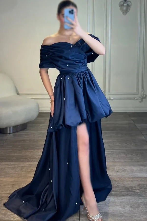 Navy Off-Shoulder Short Sleeve Pearl Train Party Dress