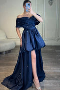 Navy Off-Shoulder Short Sleeve Pearl Train Party Dress