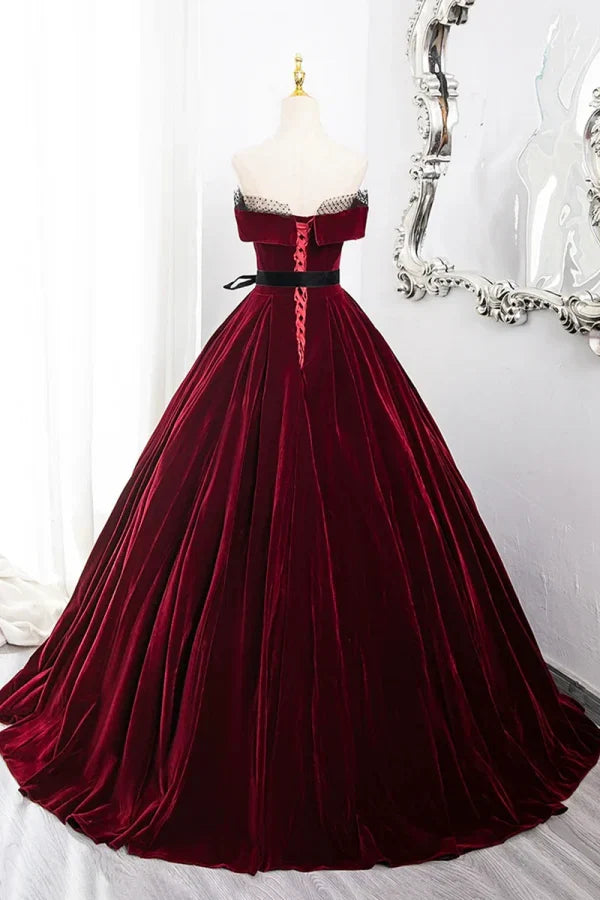 Burgundy Off-the-Shoulder Beaded Long Party Dresses