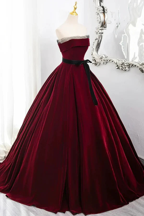 Burgundy Off-the-Shoulder Beaded Long Party Dresses
