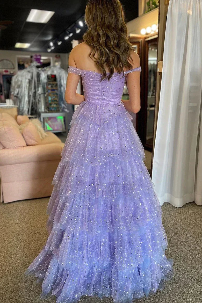 Lavender Off-the-Shoulder Beaded Floor-Length Prom Dress