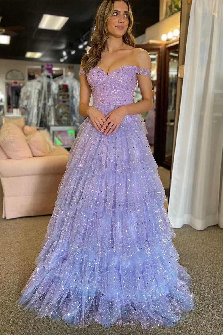 Lavender Off-the-Shoulder Beaded Floor-Length Prom Dress