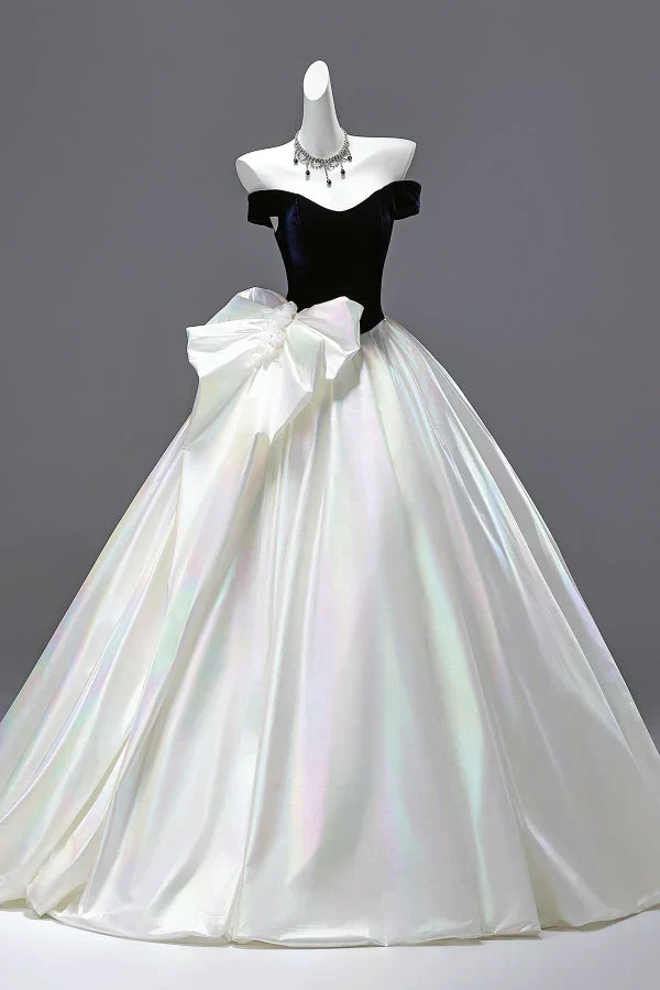 White Off-the-Shoulder Bow-Adorned Iridescent Long Prom Dresses