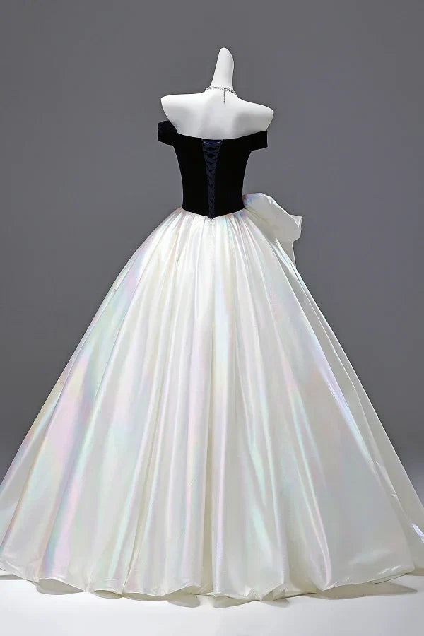 White Off-the-Shoulder Bow-Adorned Iridescent Long Prom Dresses