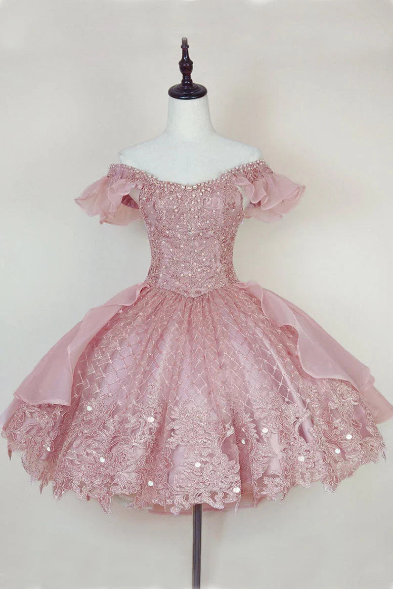 Off-the-Shoulder Sleeveless Blush Homecoming Dress