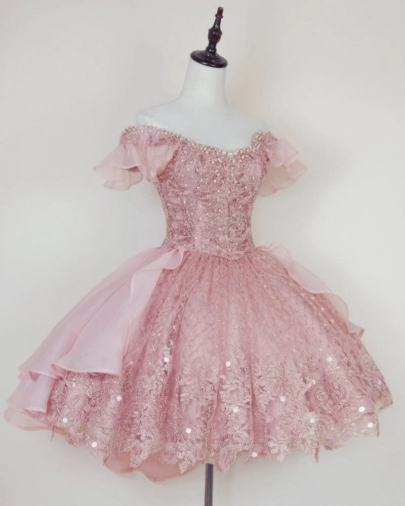 Off-the-Shoulder Sleeveless Blush Homecoming Dress