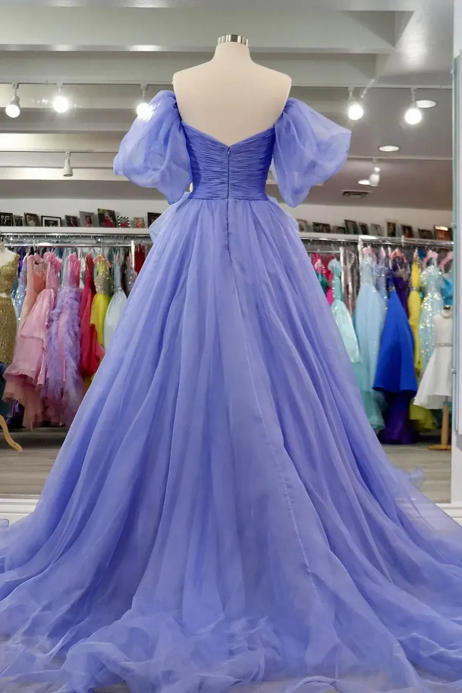Lavender Off-the-Shoulder Puffed Floor-Length Evening Dress