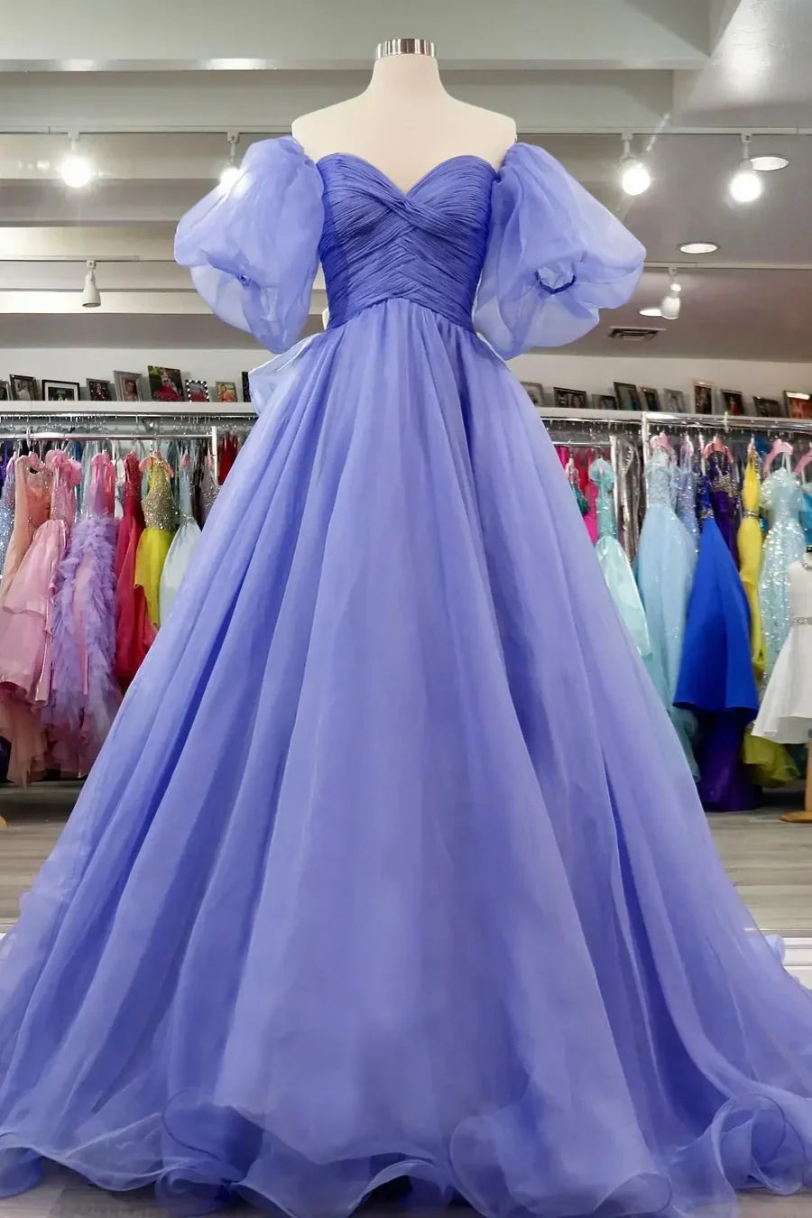 Lavender Off-the-Shoulder Puffed Floor-Length Evening Dress