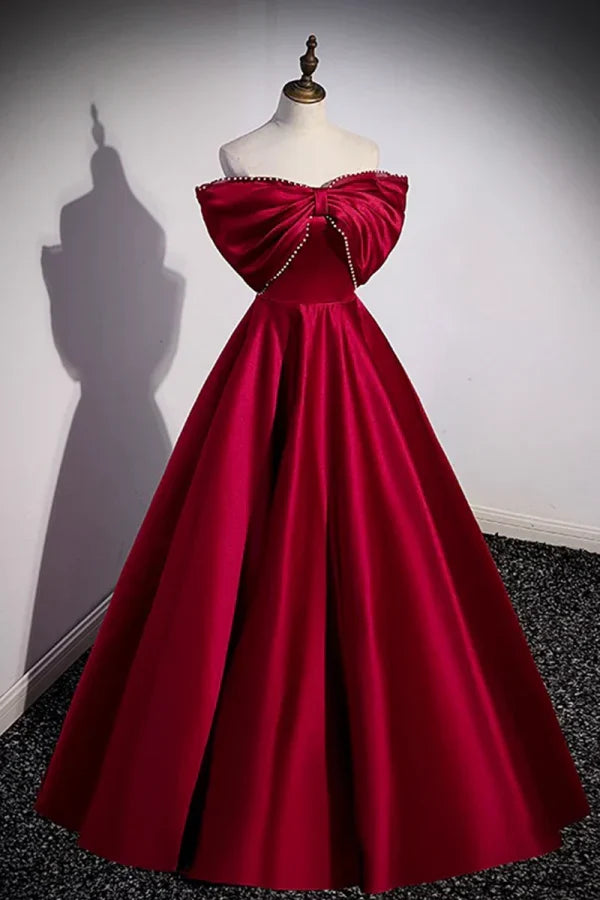 Red Off-the-Shoulder Sleeveless Beaded Bow Long Prom Dresses