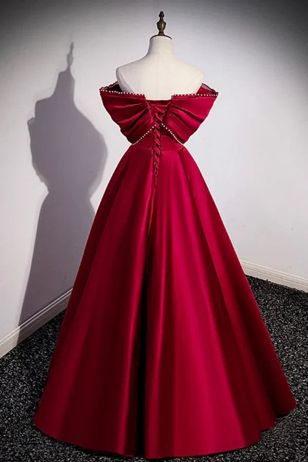 Red Off-the-Shoulder Sleeveless Beaded Bow Long Prom Dresses
