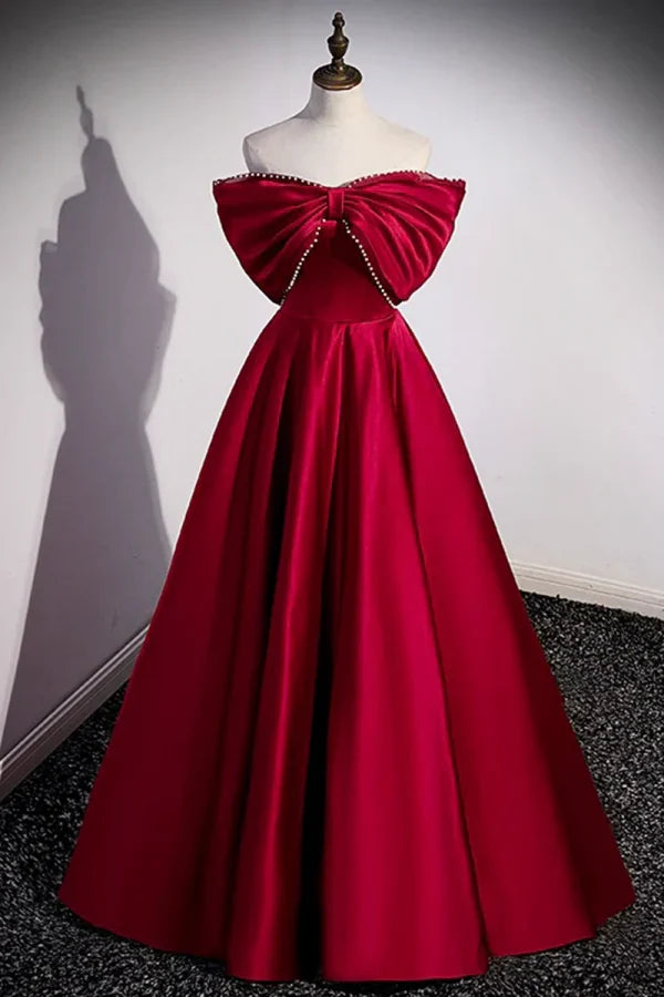 Red Off-the-Shoulder Sleeveless Beaded Bow Long Prom Dresses