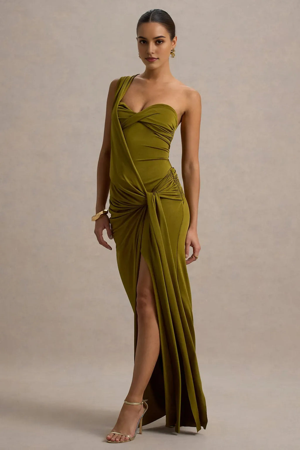 Green Olive One - Shoulder Prom Dress with Asymmetric Ruched Design and High Slit