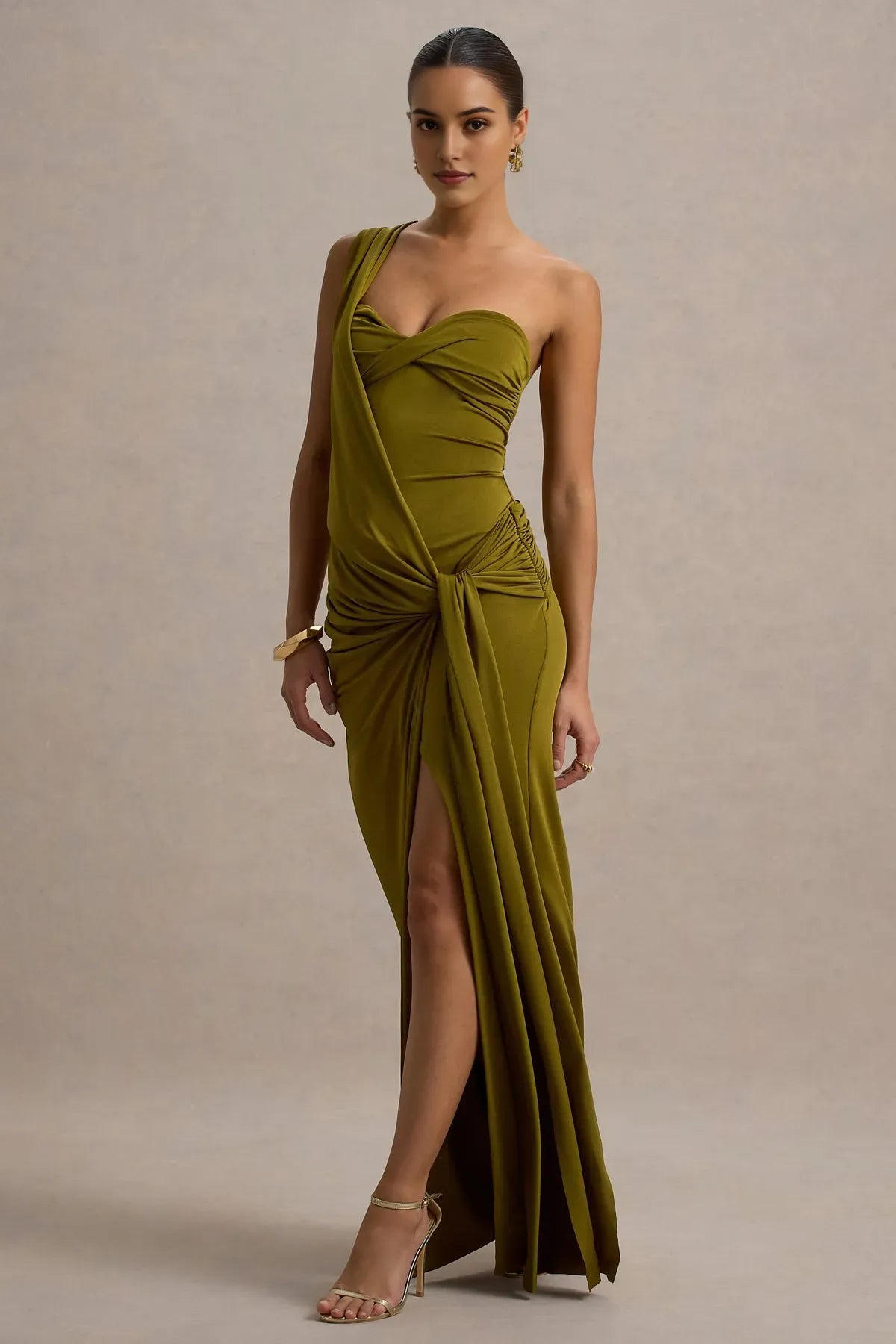Green Olive One - Shoulder Prom Dress with Asymmetric Ruched Design and High Slit