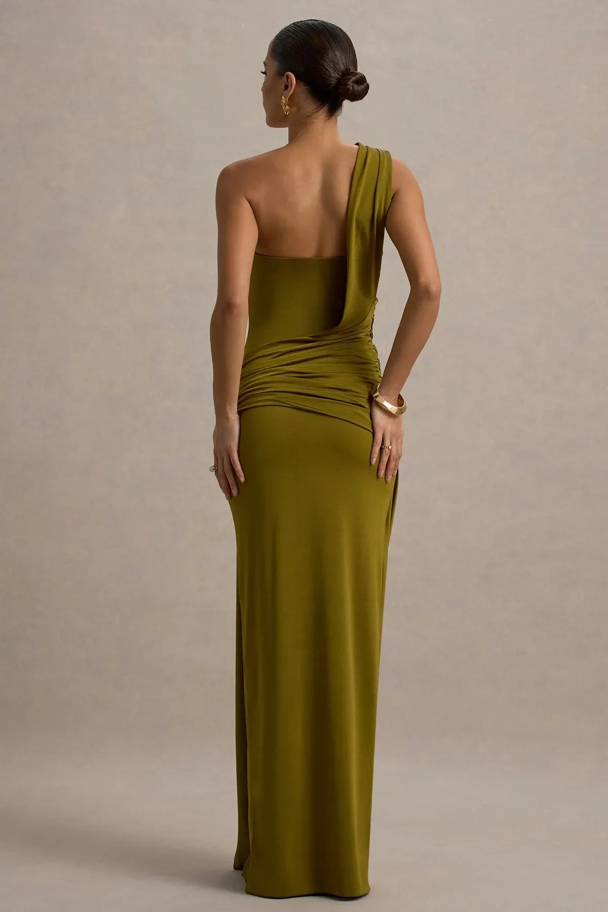 Green Olive One - Shoulder Prom Dress with Asymmetric Ruched Design and High Slit
