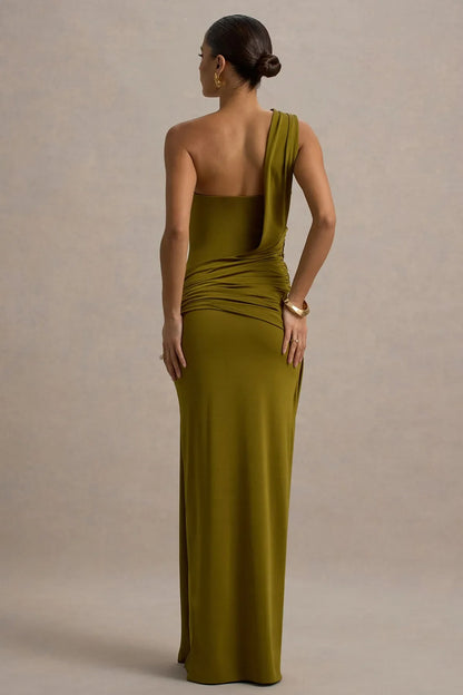 Glamorous Green Slit A-Line One-Shoulder Classic-Sleeve Classic-Back Floor-Length Prom Dress