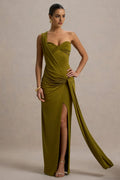 Green Olive One - Shoulder Prom Dress with Asymmetric Ruched Design and High Slit