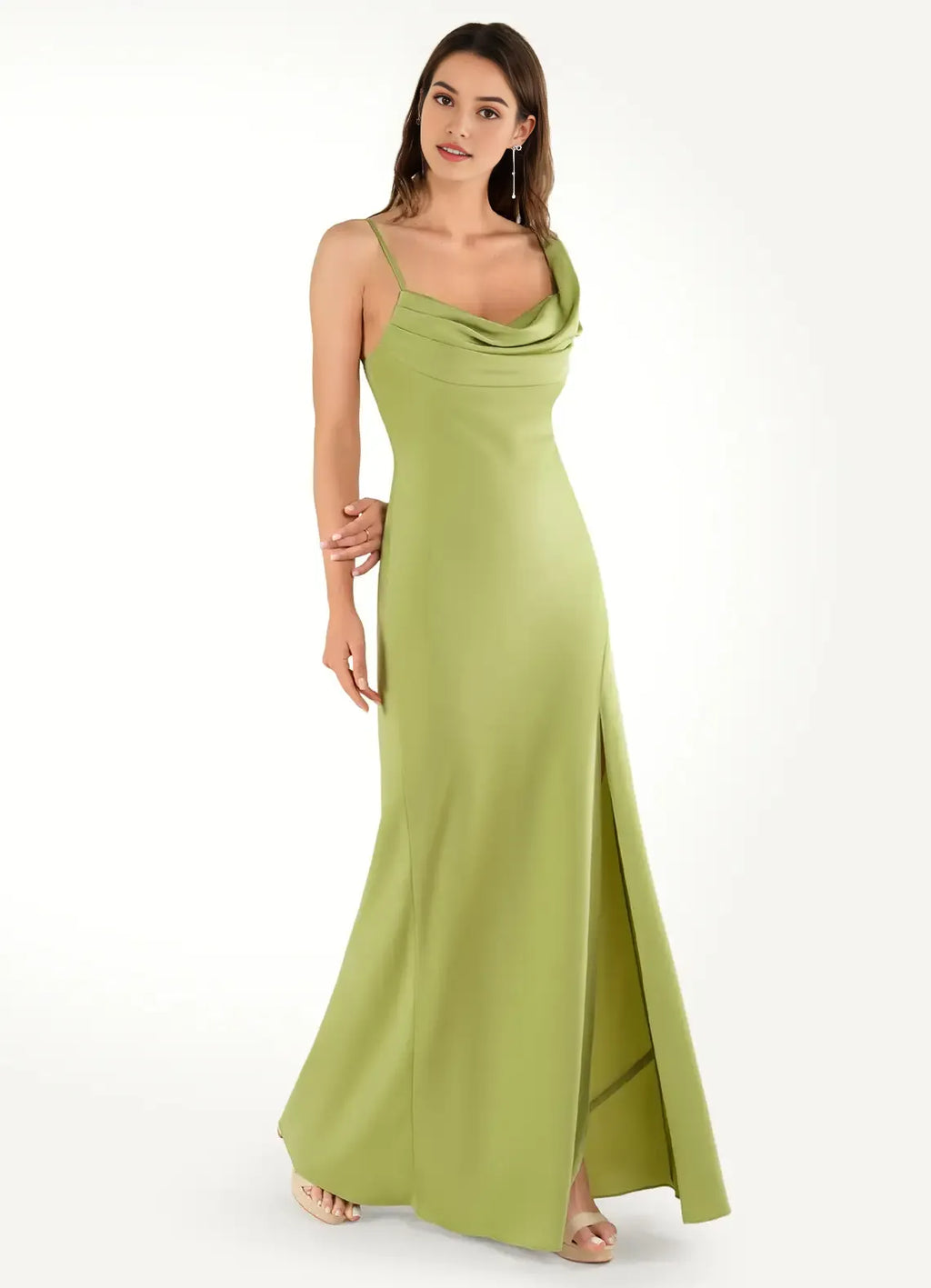 Green Olive Prom Dresses Cowl Neckline Spaghetti Straps Fabric and Side Slit for Memorable Evenings