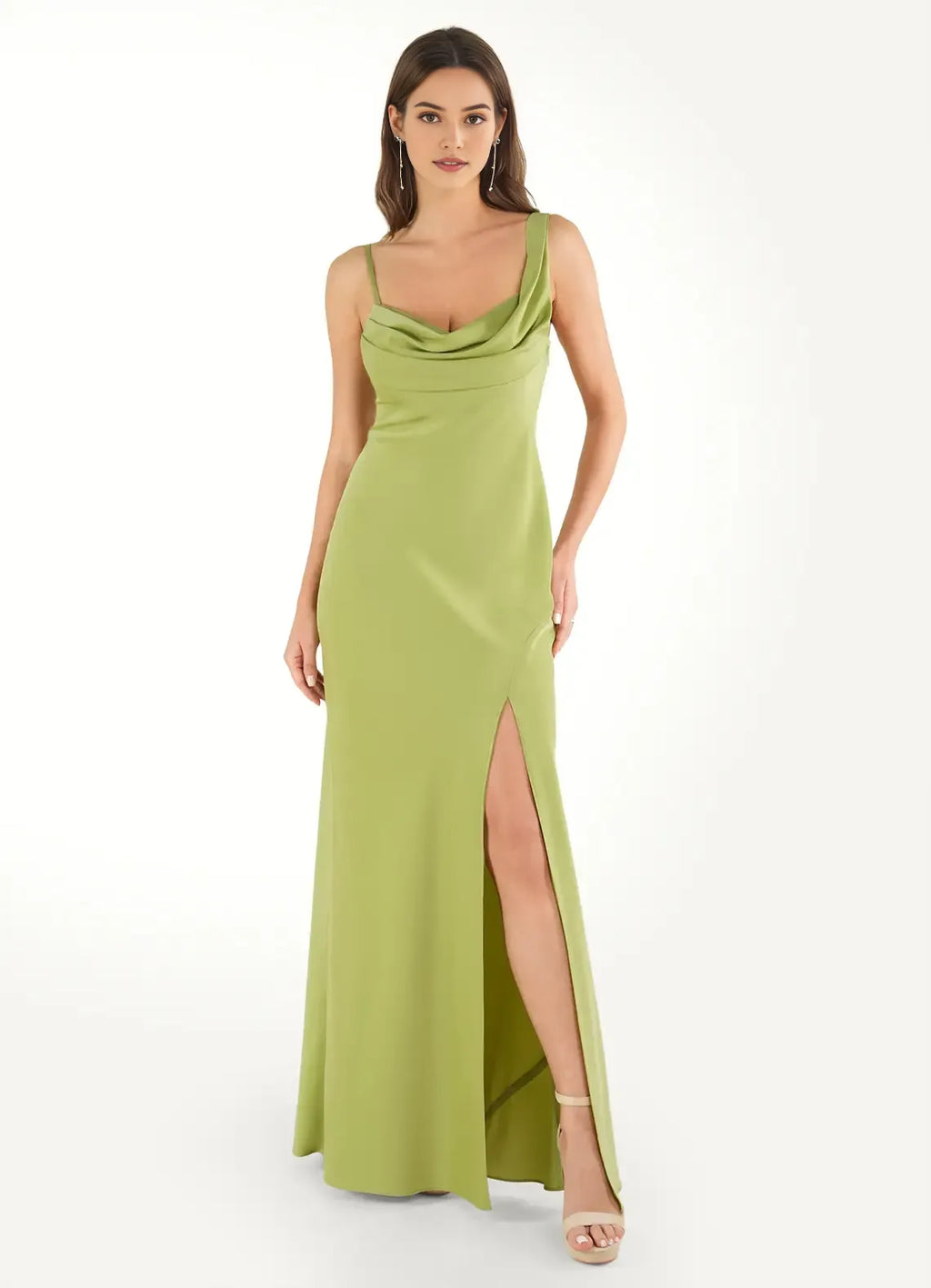 Green Olive Prom Dresses Cowl Neckline Spaghetti Straps Fabric and Side Slit for Memorable Evenings