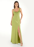 Green Olive Prom Dresses Cowl Neckline Spaghetti Straps Fabric and Side Slit for Memorable Evenings