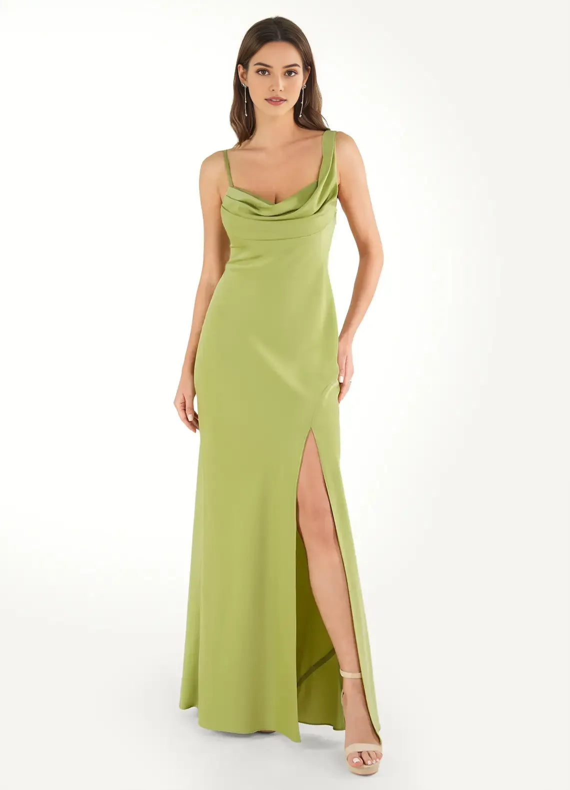 Green Olive Prom Dresses Cowl Neckline Spaghetti Straps Fabric and Side Slit for Memorable Evenings
