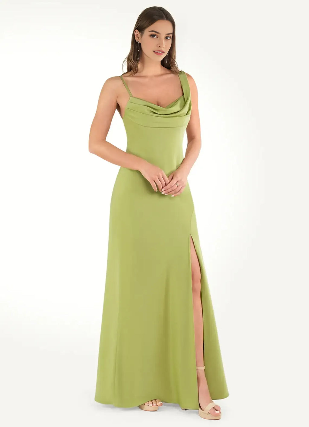 Green Olive Prom Dresses Cowl Neckline Spaghetti Straps Fabric and Side Slit for Memorable Evenings