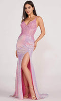 Ombre Evening Dress with Deep V - Neckline Bodice and High Side Slit