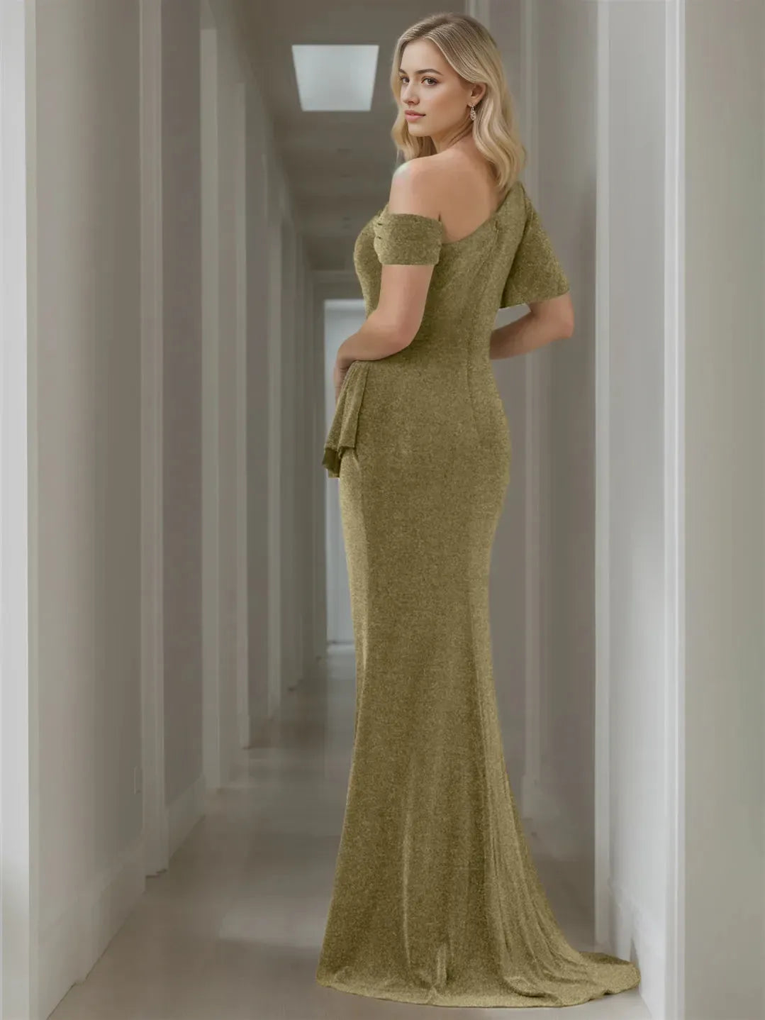 One - Shoulder Mother of the Bride Dress Sparkle Fabric Ruffled Detail Side Slit