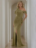 One - Shoulder Mother of the Bride Dress Sparkle Fabric Ruffled Detail Side Slit