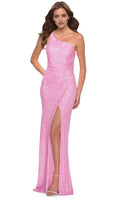 Pink One - Shoulder Prom Dress with Side Slit for Sparkling Evenings