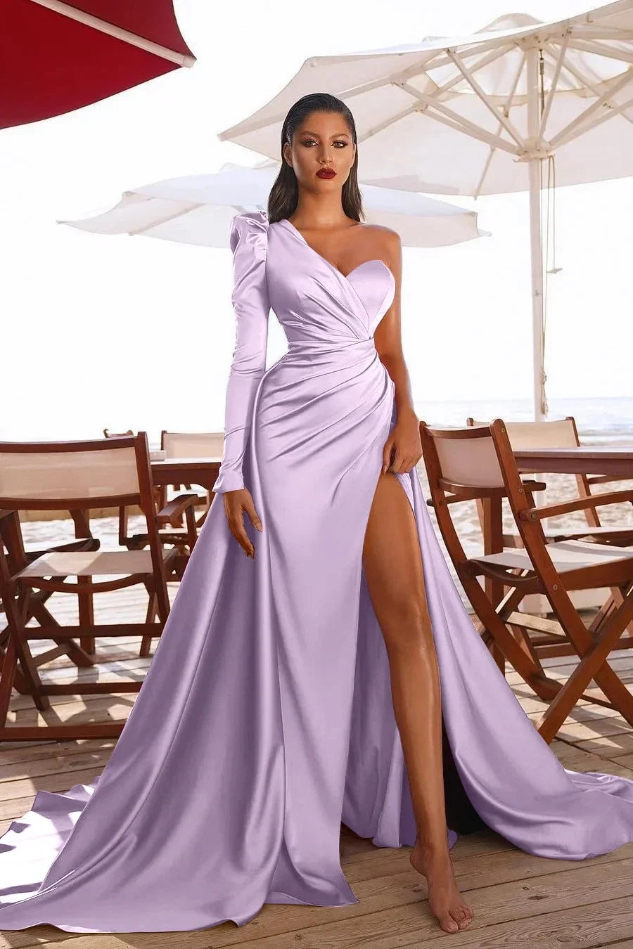 One-Shoulder Ruched Color Evening Dress