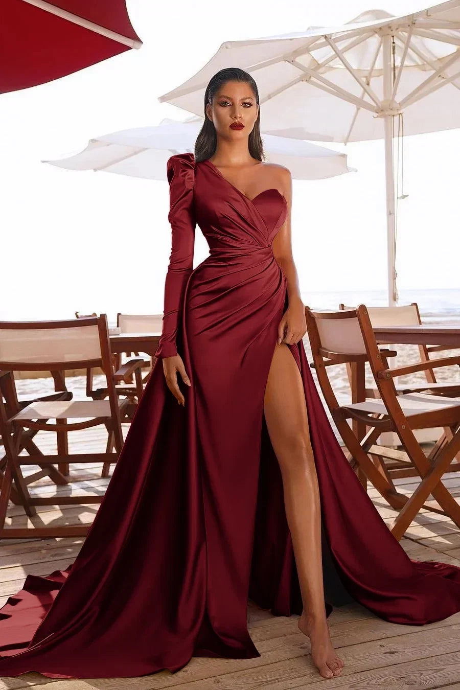 One-Shoulder Ruched Color Evening Dress