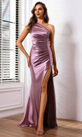 Purple One Shoulder Evening Gown in Dusty with High Side Slit Perfect for Proms and Formal Balls