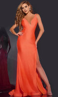 Orange Shimmering Prom Dresses with Plunging V Neckline and High Side Slit for Formal Occasions