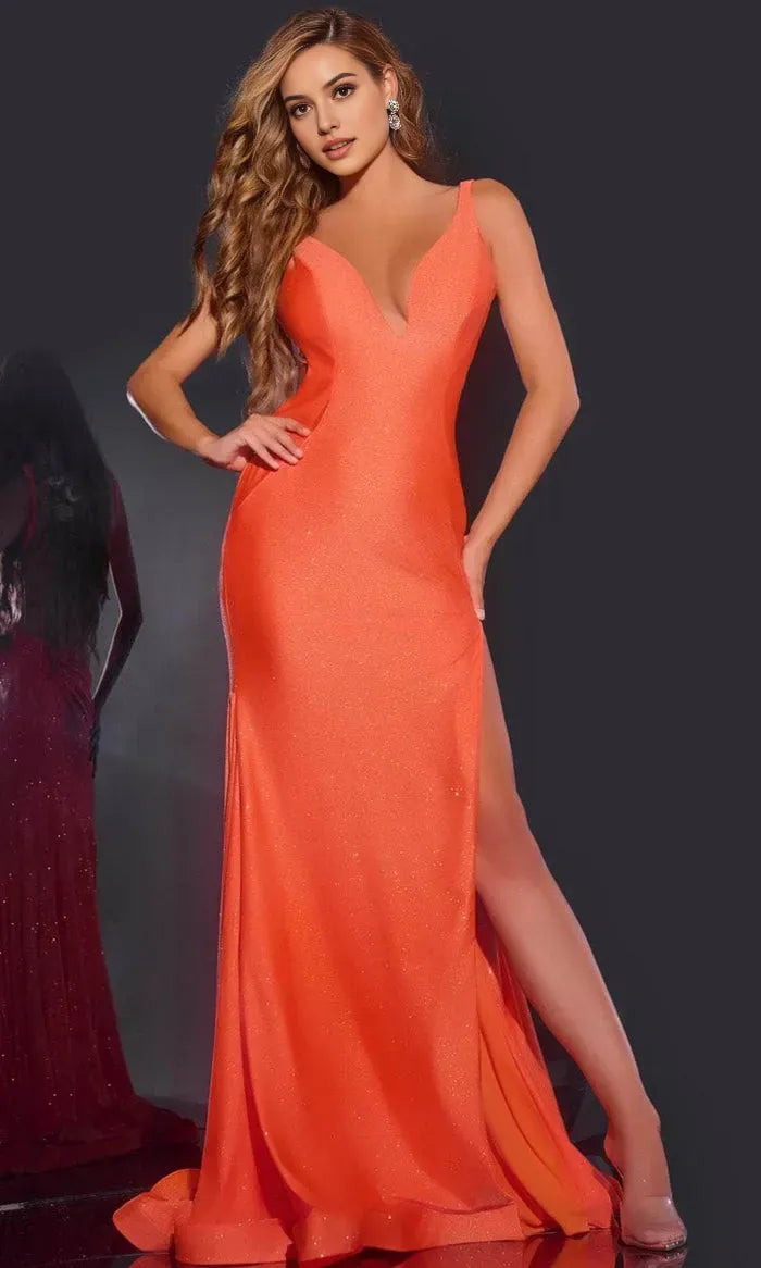 Orange Shimmering Prom Dresses with Plunging V Neckline and High Side Slit for Formal Occasions