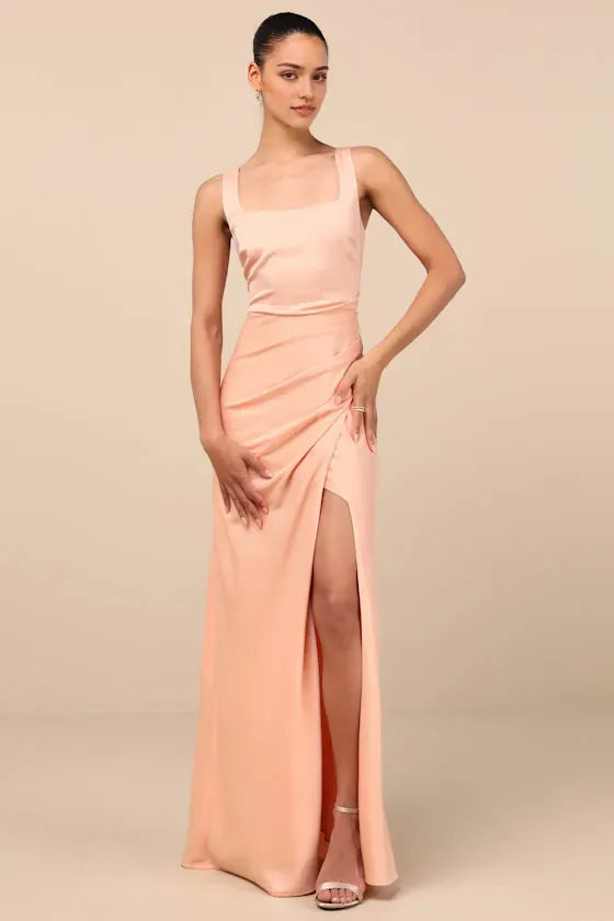 Peach Prom Dresses featuring Square Neckline Draped Bodice Design and Dramatic High Slit Skirt Perfect for Prom Nights