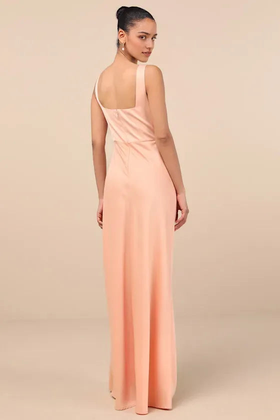 Peach Prom Dresses featuring Square Neckline Draped Bodice Design and Dramatic High Slit Skirt Perfect for Prom Nights