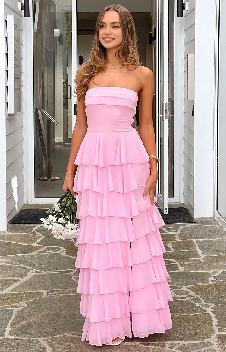 Pink Prom Dress Strapless Tiered Ruffle Silhouette Side Slit for a Show Stopping Vibe