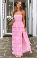 Pink Prom Dress Strapless Tiered Ruffle Silhouette Side Slit for a Show Stopping Vibe