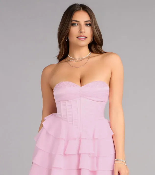 Pink Fit-and-Flare Strapless Ruffle Sleeveless Lace-Up Back Short Homecoming Dresses