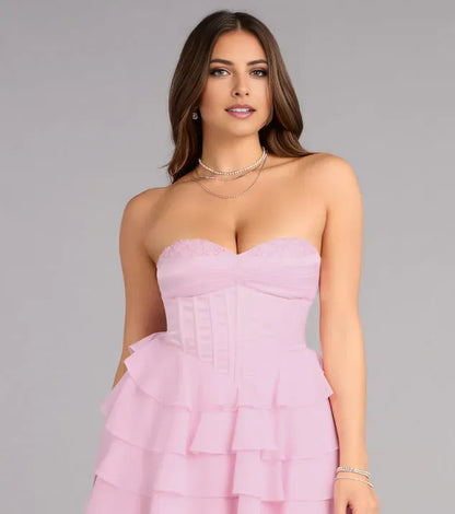 Glamorous Pink Ruffled A-Line Strapless Sleeveless Lace-Up-Back Mini-Length Homecoming Dress