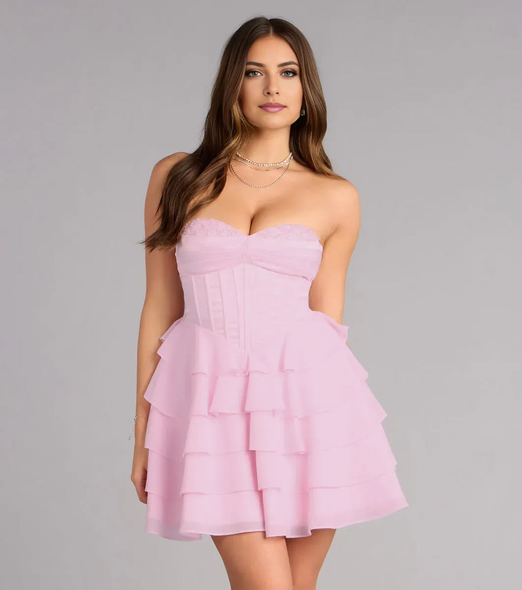 Pink Fit-and-Flare Strapless Ruffle Sleeveless Lace-Up Back Short Homecoming Dresses