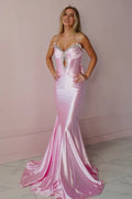Pink Mermaid Trumpet Sweetheart Spaghetti-Strap Bow-Back Train Prom Dresses with Beading
