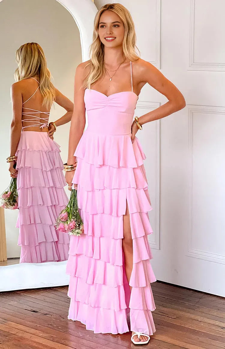 Pink Prom Dresses Halter Neck Tiered Ruffles Side Slit Up Back for Memorable Evenings