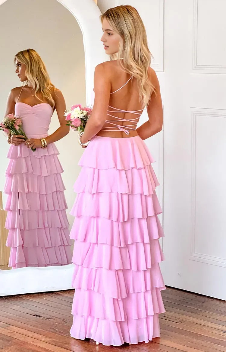 Pink Prom Dresses Halter Neck Tiered Ruffles Side Slit Up Back for Memorable Evenings