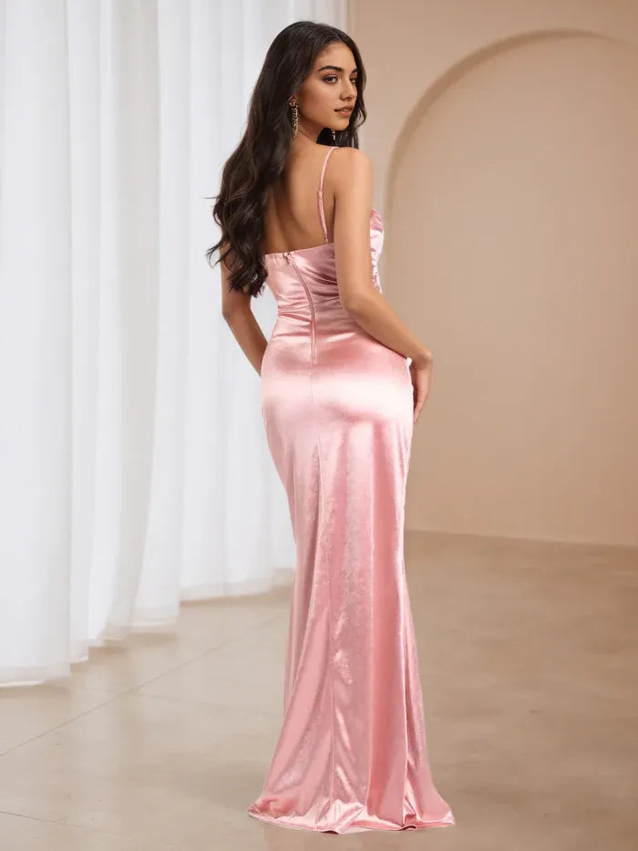 Pink Cowl Neck Prom Dress with Side Slit Elegant Spaghetti Strap Evening Gown for Formal Dance Events