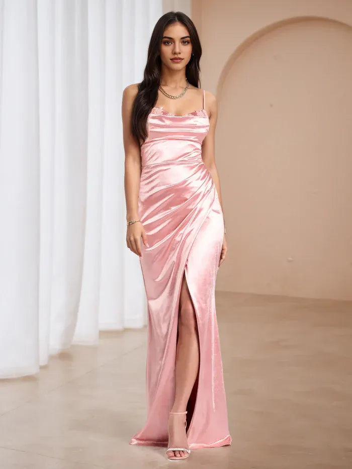 Pink Cowl Neck Prom Dress with Side Slit Elegant Spaghetti Strap Evening Gown for Formal Dance Events